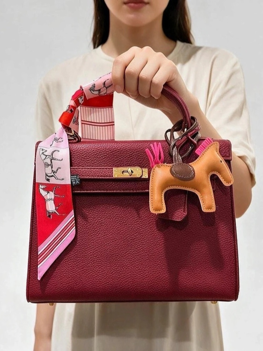 Burgundy/Wine Vegan Leather Satchel Crossbody Bag with Twilly & Horse Charm NWT